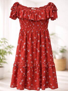 All In Favor Off Shoulder Dress Large Red Floral Smocked Elastic Boho Midi